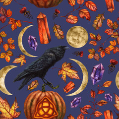 Samhain Watercolor hand-painted seamless pattern with raven, moon, orange foliage, crystals and purple background