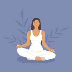 Fototapeta na wymiar Yoga.Concept illustration for yoga.Vector illustration in flat cartoon style.Woman meditating .Relax.Woman sitting in lotus pose.Minimalistic vector illustration.Young woman meditating.
