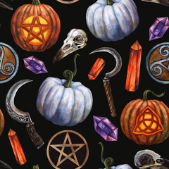 Samhain Watercolor hand-painted seamless pattern with pumpkins, ritual sickles, raven skull and pentagram