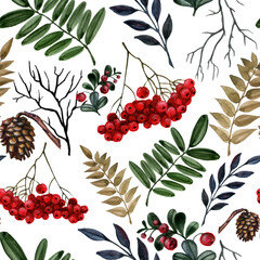 Witchy Winter Watercolor hand painted seamless pattern with elegant botanical elements and transparent background