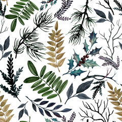 Witchy Winter Watercolor seamless pattern with elegant botanical elements and transparent background