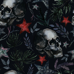 Witchy Winter Watercolor seamless pattern with skulls, plants and black background