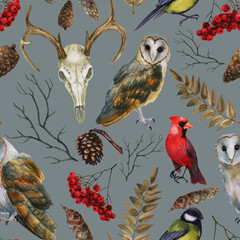 Witchy Winter Watercolor hand-painted seamless pattern with birds, deer skull and herbarium