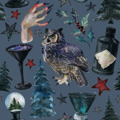 Witchy Winter Watercolor hand-painted seamless pattern with owl, dark plants and black tableware