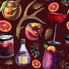 Witchy Winter Watercolor hand painted seamless pattern with potions, drinks and antlers