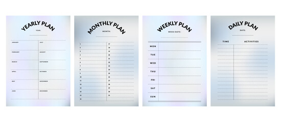 Printable Vector Notepad Template Collection with Daily Planner, Weekly Planner, Monthly Planner, Yearly Planner, Habit Tracker for Journaling with Gradient Background