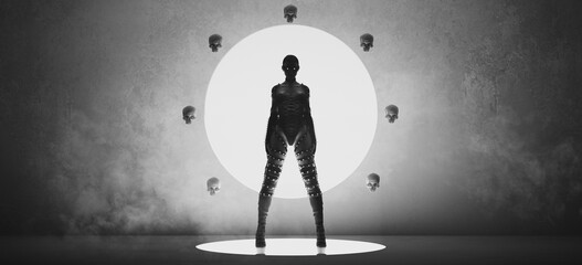 Woman Spikey Demon Silhouette Halloween Devil Worship with Floating Skulls and Spikey Boots Window Round Black and White 3d illustration render