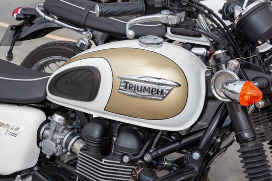 triumph bonneville t100 bonnie golden white bike detail side view logo brand and text sign
