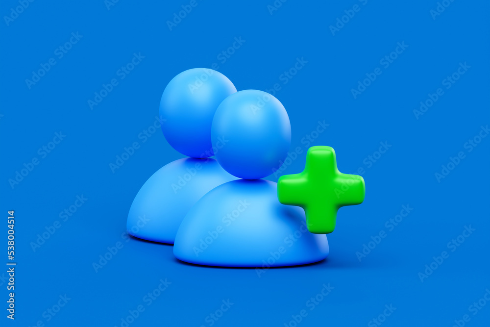 Wall mural Social add friend contact 3d icon on online communication blue background with user person member avatar symbol or business community profile account sign and internet connection new follower concept.