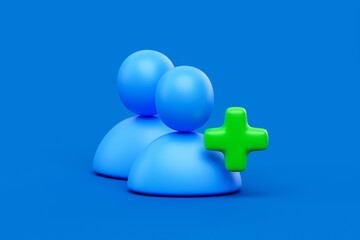 Social add friend contact 3d icon on online communication blue background with user person member avatar symbol or business community profile account sign and internet connection new follower concept.