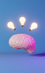 Human brain glowing light bulb neon background 3d rendering.Creative idea Artificial intelligence Positive thinking emotion Mental health.Memory improvement Mindfulness Education Cognitive development