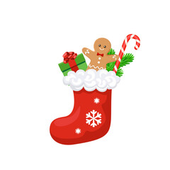 Christmas sock with gifts, gingerbread man and candy cane on white background. Vector festive cartoon illustration.