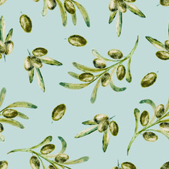 Seamless pattern with green olive branches on blue background. Hand drawn watercolor illustration.