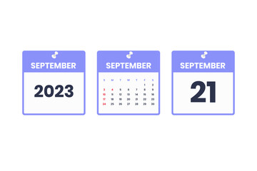 September calendar design. September 21 2023 calendar icon for schedule, appointment, important date concept - obrazy, fototapety, plakaty