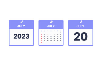 July calendar design. July 20 2023 calendar icon for schedule, appointment, important date concept