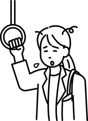 電車のつり革につかまる疲れた女性のイラスト　線画のみ