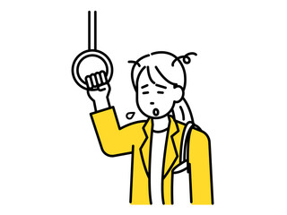 電車のつり革につかまる疲れた女性のイラスト