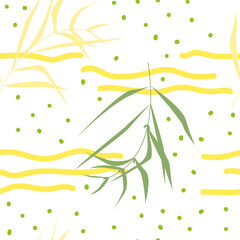 Fototapeta na wymiar A simple drawing of a branch of delicate yellow and green colors and abstract patterns of dots and wavy lines on a white background. Vector. Seamless pattern.