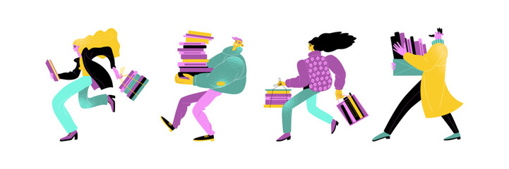 Men and women carrying stacks of books. Bookstore sale or book fair