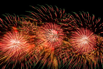 Close-up of colorful fireworks on a black background.