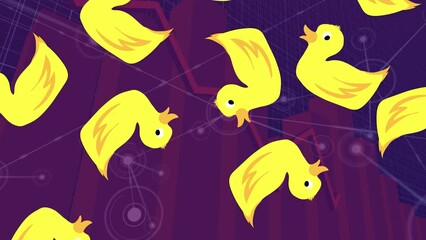 Animation of yellow duck icons in seamless pattern against statistical data processing - Powered by Adobe