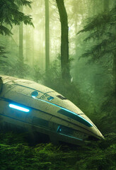 crashed spaceship in forest 3d illustration