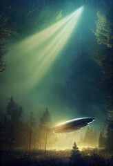 ufo landed in forest at night 3d illustration