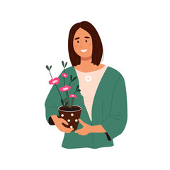 Young smiling woman holding flowers in ceramic pot. Pretty girl with houseplant in flowerpot. Flat graphic vector illustration isolated on white background