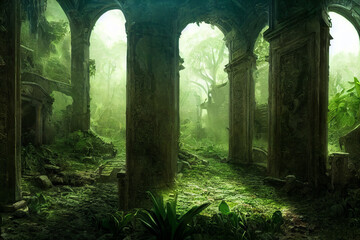 abandoned ruin building in forest 3d illustration