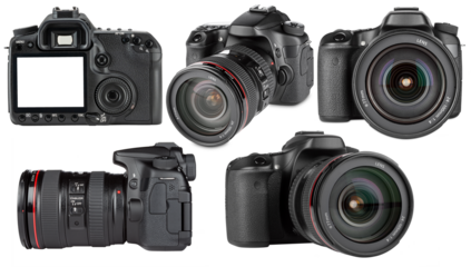 design pattern collection set of professional DSLR photo camera body with zoom lens in various angles isolated white background. media technology and photography concept