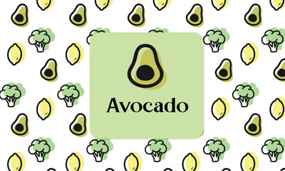 Fruit and vegetables pattern. Avocado, broccoli and lemon. Avocado line icon