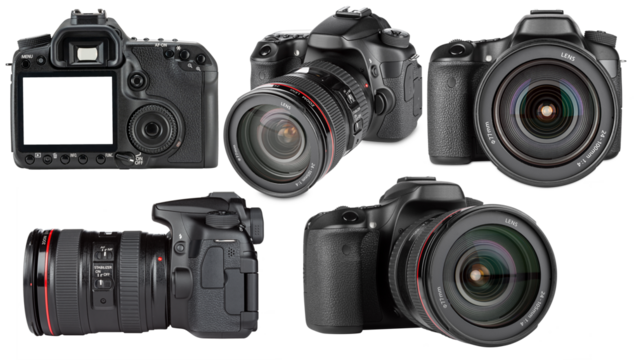 design pattern collection set of professional DSLR photo camera body with zoom lens in various angles isolated white background. media technology and photography concept