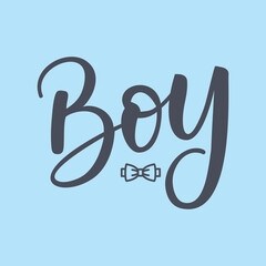 Calligraphic vector inscription. Hand lettering Boy on a blue background. Vector design element for party decoration, book, scrapbook, baby shower, invitation. Birth announcement.
