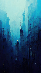 Blue monochrome abstract landscape of a mysterious fairy tale city skyline with tall houses disappearing in a fog abstract wallpaper or background digital painting or drawing