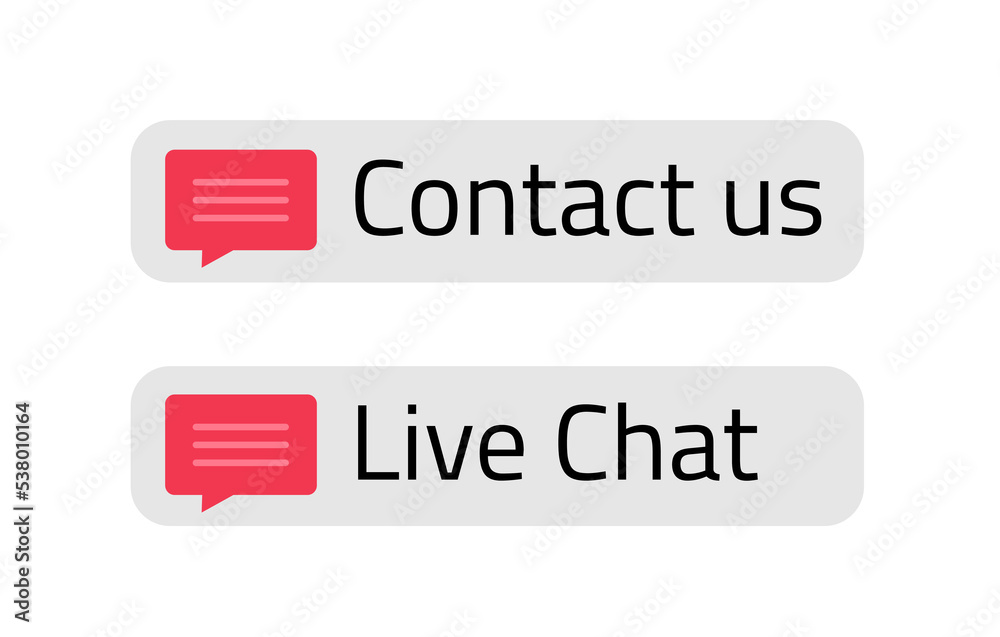 Poster contact us button and live chat icon banner red element isolated, get in touch vector box for intern