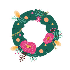 Christmas floral wreath decorated with flowers, berries, branches. Xmas fir circle with festive decoration. Flat design vector illustration isolated on white background