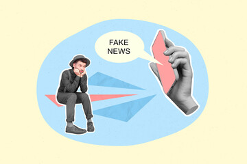Creative collage illustration of big arm black white effect hold telephone fake news mini...