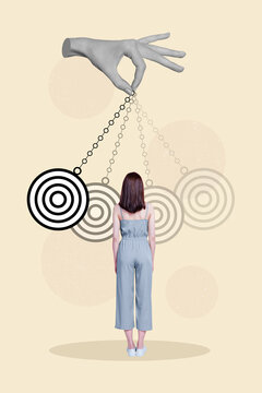 Vertical collage illustration of huge arm black white effect hold hypnotic circle controlling little girl isolated on painted background