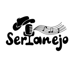 Sertanejo text with cowboy hat and microphone. Concept of Brazilian sertanejo music. Vector illustration