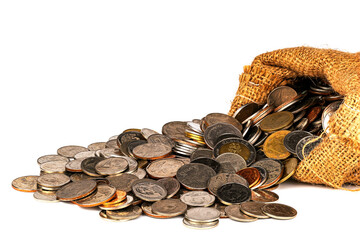 Side view of differrent kinds of Thai old coins flowing out of falling gunny bag.