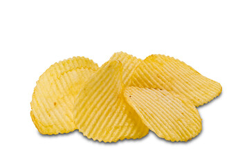 Pile of dried crispy salted potato chips isolated on white background.