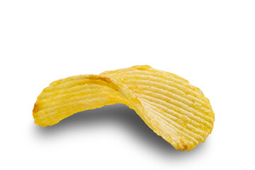 Closeup view of single dry crispy salted potato chip isolated on white background.