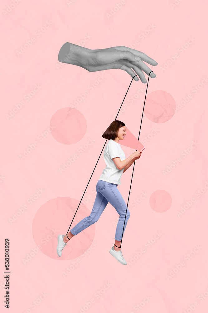 Poster vertical collage image of big arm fingers black white effect hold strings puppet girl use telephone 