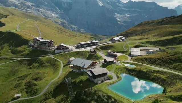 Aerial view over a pond in Kleine Scheidegg, Switzerland