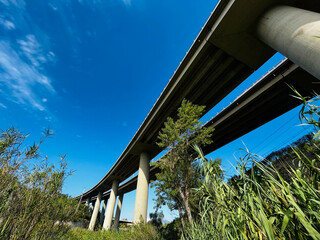 Elevated bridge of a motorway as it passes through the Llobregat river and the city of Martorell in...