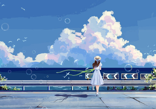 girl standing beside sea anime digital art illustration painting wallpaper