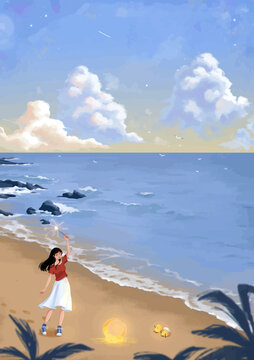 person on the beach beautiful girl at beach anime digital art illustration painting wallpaper