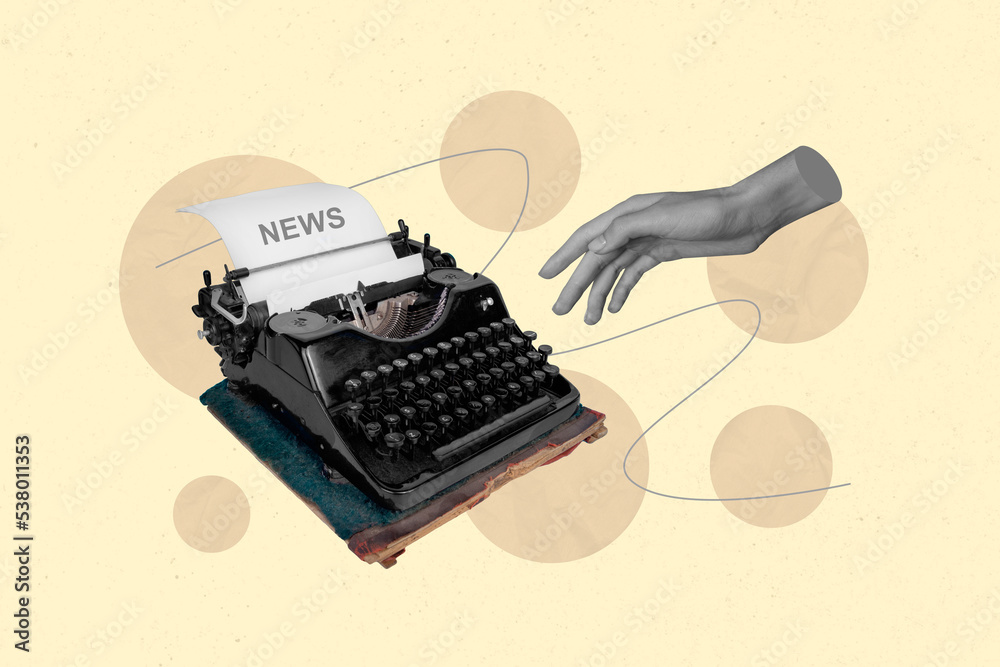 Fototapete creative abstract template graphics image of arm typing oldschool typewriter isolated drawing backgr