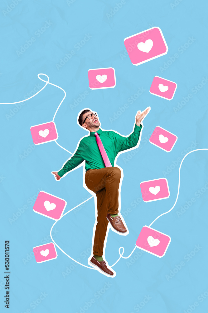 Poster vertical collage image of excited positive guy overjoyed drawing like heart notifications isolated o