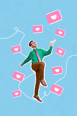 Vertical collage image of excited positive guy overjoyed drawing like heart notifications isolated...